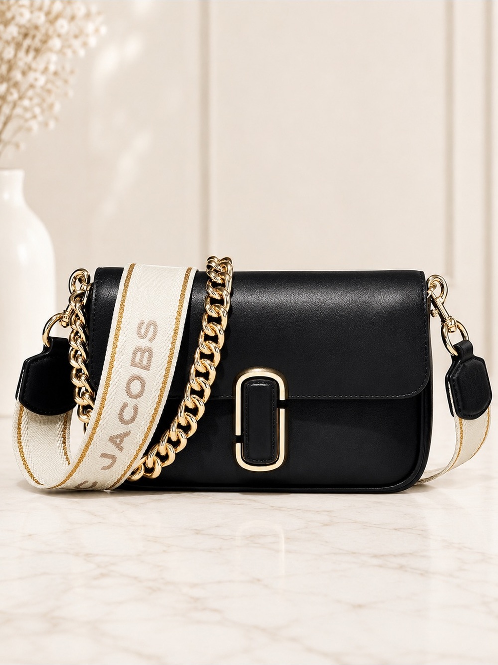 Marc Jacobs The J Marc Mini Black Leather Shoulder Crossbody Bag Chain Strap